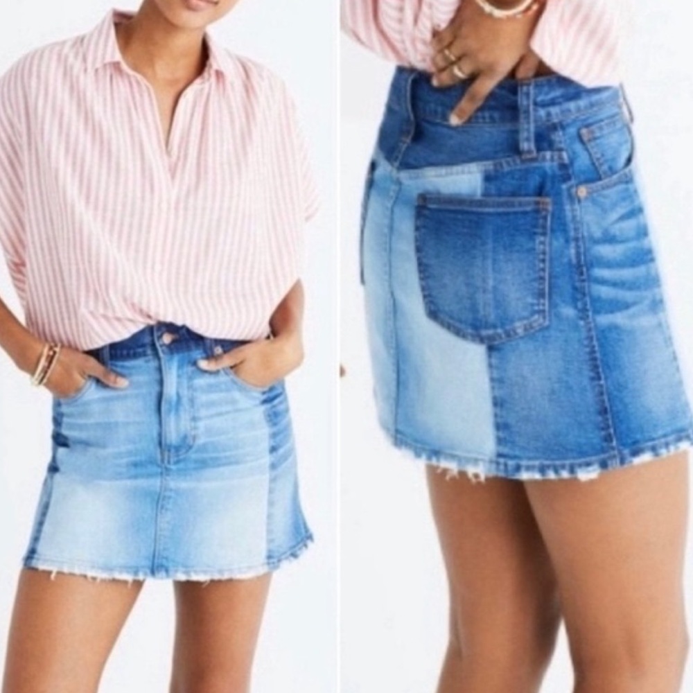 Madewell Two-Tone Patchwork Denim Skirt